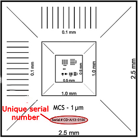 EM-Tec MCS-0.1TR-XY traceable magnification calibration standard, 2.5mm to 100nm in both X and Y direction